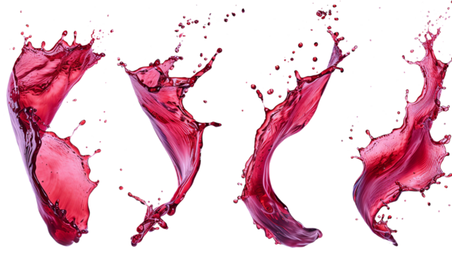 Wine splash realistic set of isolated sprays of liquid red wine with drops on transparent background.