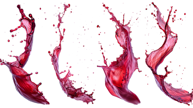 Wine splash realistic set of isolated sprays of liquid red wine with drops on transparent background.