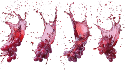 Set of red vine splashes with grape berries, cut out. Realistic grape splash. Wine berries in flying red liquids, vines in juice, dessert alcoholic drink. vine drops.
