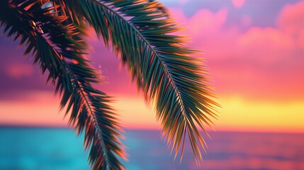 A close-up of a palm tree's fronds swaying gently in the breeze, with the vibrant colors of the sunset and the ocean visible in the background.