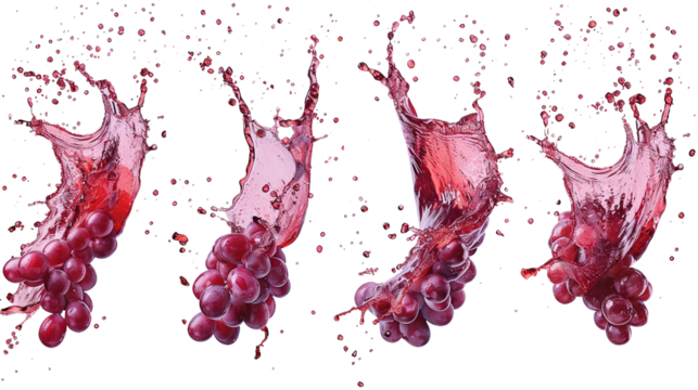 Set of red vine splashes with grape berries, cut out. Realistic grape splash. Wine berries in flying red liquids, vines in juice, dessert alcoholic drink. vine drops.