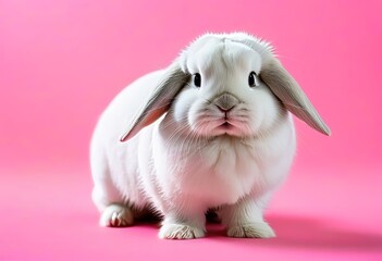 A white holland lop rabbit standing on a pink background