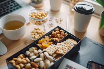 Healthy Gluten-Free Snack Box with Nuts and Dried Fruits on Modern Office Desk