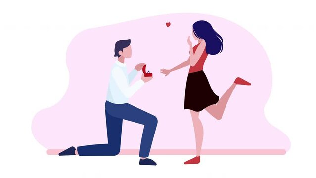 Cartoon young man on one knee proposing marriage to his girlfriend. Marriage, wedding, engagement proposal concept. Looped cartoon design animated illustration video. 4k