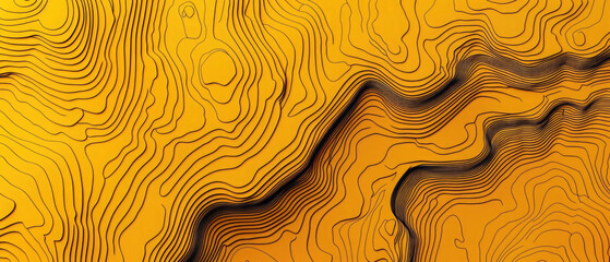 Black topographic line isolated on yellow background texture, top view, contour map background, geographic grid map, seamless pattern