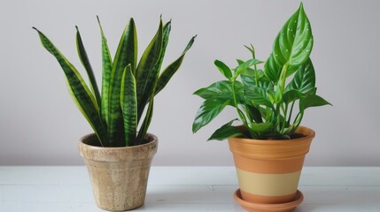 Obraz premium Green Indoor Plants in Stylish Flowerpots Sansevieria Snake Plant and Devil s Tongue Plant