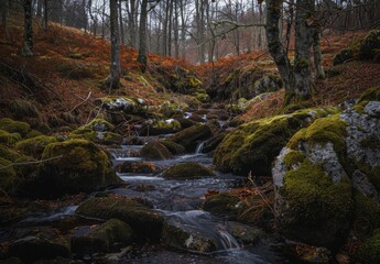 Obraz premium A photo of an old forest with mossy rocks and a stream, warm tones, and autumnal colors. In the background is some hilly ground covered in the style of dark brown lichen.