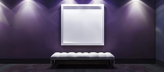 Single white square frame on a dark lavender wall, museum spotlights focusing on the frame, with a futuristic polymer bench.