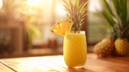 A vibrant and refreshing image capturing a pineapple drink alongside a whole pineapple