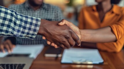 Close-up of two diverse adults warmly shaking hands over work documents. Professional business setting with collaborative teamwork focus. Image perfect for business and collaboration themes. AI