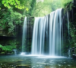 Beautiful waterfall in Yorkshire, surrounded by lush greenery and vibrant wildlife., soft lighting