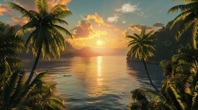 A serene view of a cove surrounded by lush palm trees, the setting sun casting a golden glow over the water and creating a peaceful ambiance.