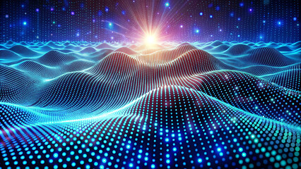 3D Wave Landscape with Dots and Binary Code, Digital Processing and Virtual Reality