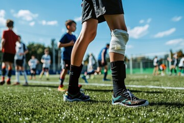 Fototapeta premium Young Athlete With Knee Injury Using Elastic Bandage During Team Practice on Sports Field
