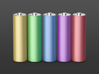 Row with five AA size batteries with different colors
