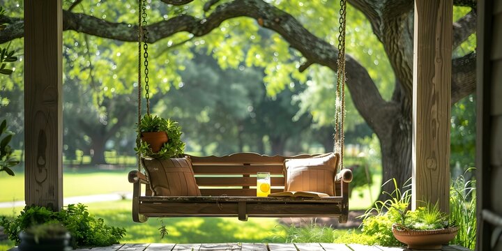 Porch swing under oak tree with lemonade book in lap. Concept Porch Swing, Oak Tree, Lemonade, Book, Relaxation