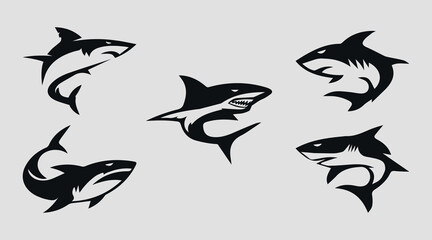 Black shark icons. Set. Vector on gray background.  Art & Illustration