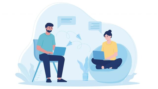 A couple is chatting online using a laptop flat design animation