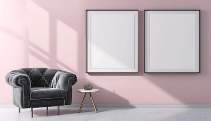 Two square frames on a soft pink wall in a living room with a gray velvet armchair and a small side table.
