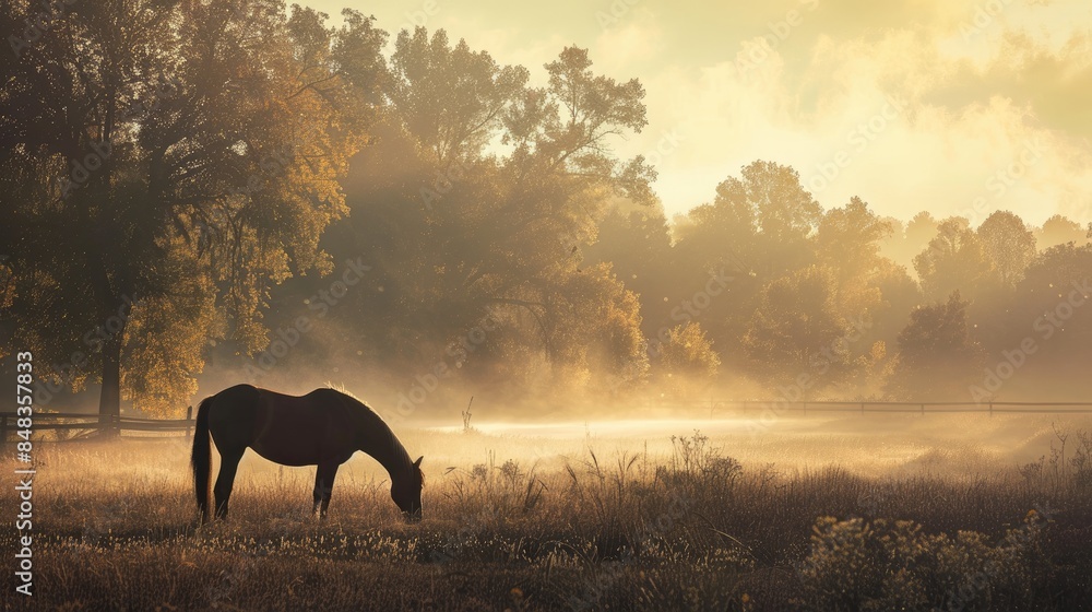 Poster morning mist envelops rural scenery as horse grazes under sunlit dawn