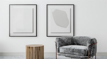 Two square frames on a white wall in a living room interior. The room includes a gray velvet...