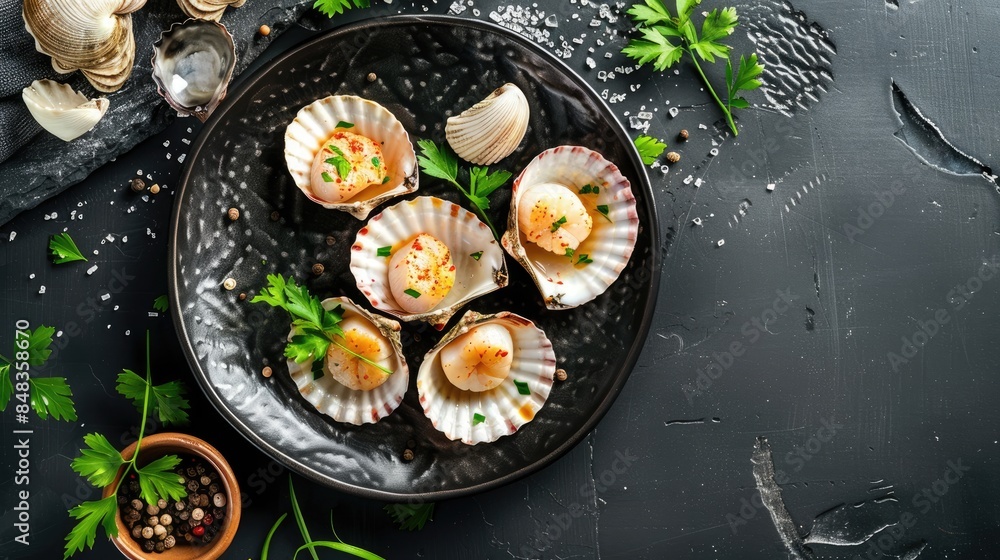 Poster scallops in shell served on a black table from above room for adding text