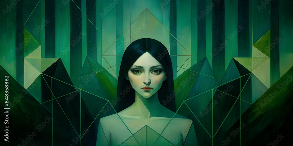 Wall mural Portrait of a woman in oil paints,  on a black background with geometric shapes and lines generated by AI  green black 