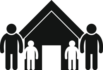 Family of four is standing outside their house, representing the concept of home and family