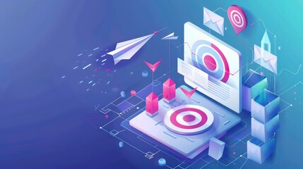 Isometric concept modern illustration of an email marketing company sending emails. Flying paper planes and a dartboard, information hits target, UV webpage for email marketing company. Generative AI