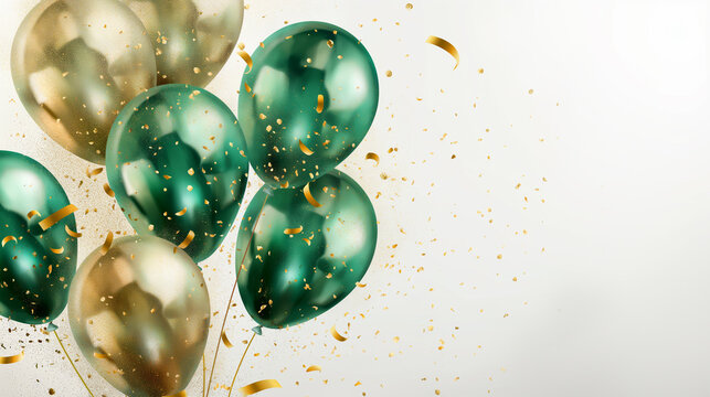 Gold and emerald  green balloons with confetti and ribbons on a light background, festive celebration concept with copy space