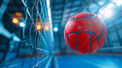 Close-up of a red volleyball in a gymnasium with vibrant lighting. The image showcases a dynamic scene with the ball hitting the net. Great for sports-themed designs and promotional purposes. AI