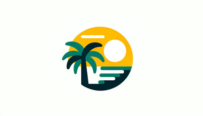 Colorful summer beach logo with palm tree and sun, copy space. Ideal for travel agencies, summer promotions, vacation planning. Perfect for beach-themed events and environmental awareness campaigns.