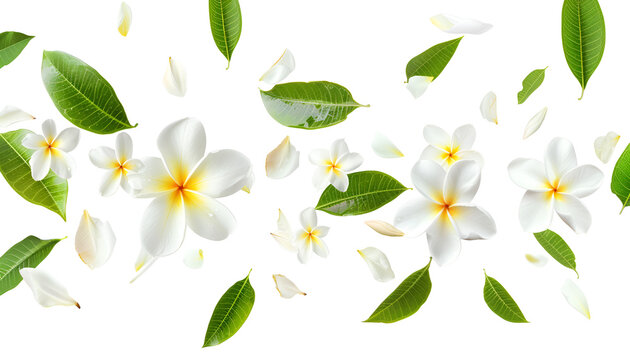 Fresh flying plumeria flowers and leaves isolated on white