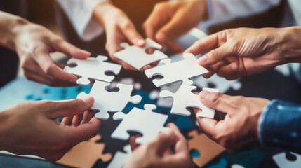 Business team connecting puzzle pieces, symbolizing teamwork and success in business.