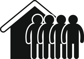 Simple icon representing a group of people waiting in line outside a building