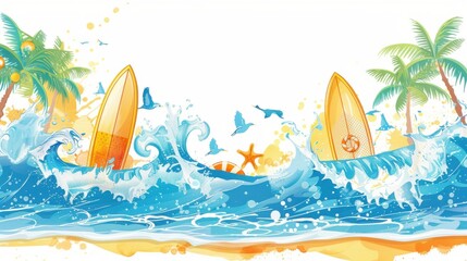 Border design with summer-themed elements like surfboards and waves, isolated on a white background