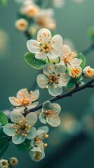 Branch of white cherry blossoms on a green background. Spring and nature concept. Design for poster, wallpaper, and greeting card. Closeup view with copy space.