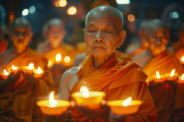 Buddhist Monk Holding Burning Candles During Evening Ceremony