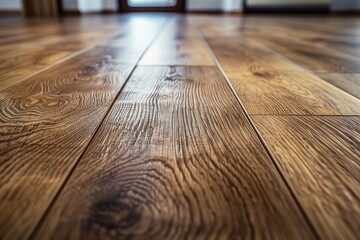 Close-up view of a newly installed wooden laminate flooring with detailed floorboards.