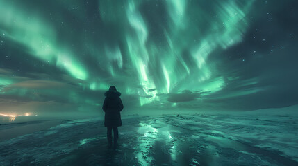 Obraz premium Paisaje nocturno con aurora boreal