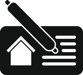 Black glyph icon of a pen signing a document with a house on it, depicting a real estate contract