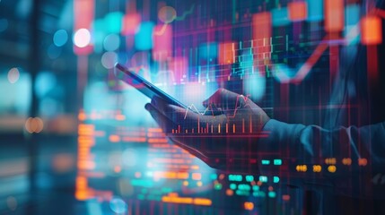 A businessman analyzing stock market data on a smartphone with a futuristic digital interface, representing technology and finance connection.