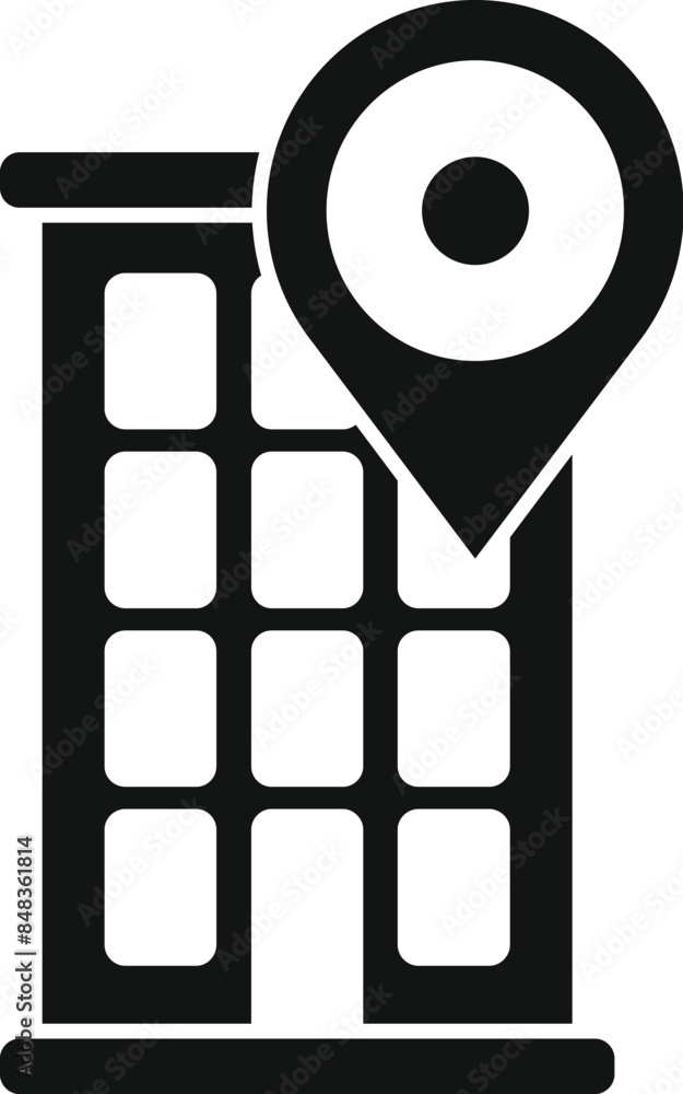 Poster black simple icon of location pin pointing at multi storey office building