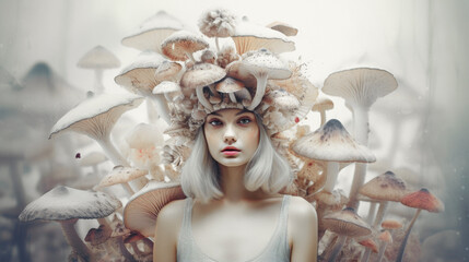 Abstract contemporary art portrait of a young woman with mushrooms adorning her face.