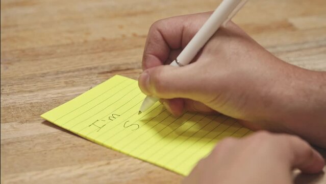 "I'm sorry" apology Note message, Handwritten hand writing, yellow pad paper, mistake, sorrow, forgiveness, gesture, 4K
