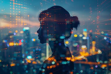 Silhouette of a woman against a cityscape backdrop at night, with glowing lights and digital interface overlay, symbolizing technology and urban life.