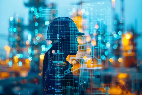 Silhouette of an engineer with hard hat, superimposed with futuristic data, at an industrial site illuminated by lights.