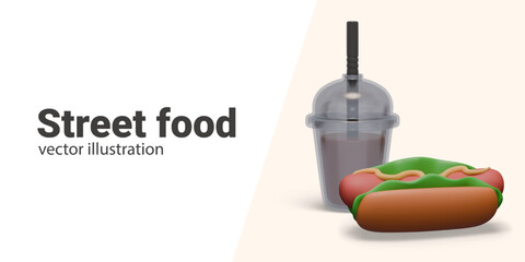 Commercial concept of modern street food. Plastic cup with lid, straw, drink