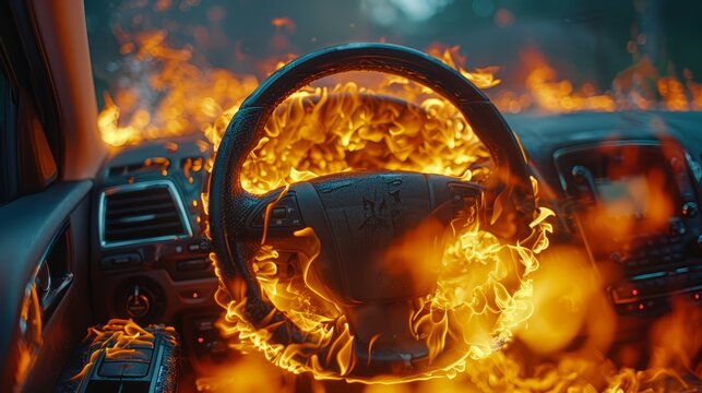 A close-up of the car's interior reveals the terrifying extent of the fire's reach, the wheel ablaze with hungry flames.