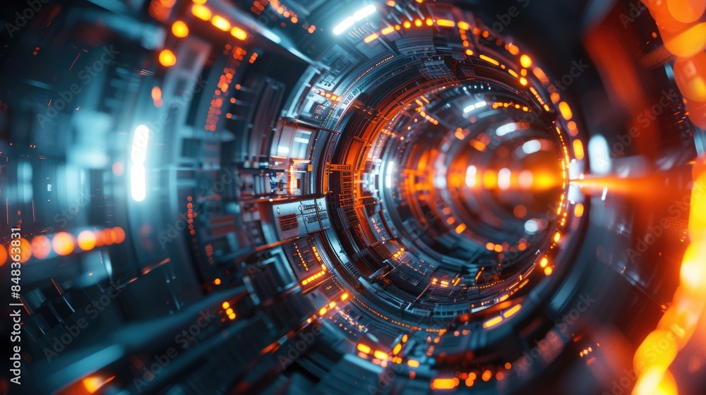 Poster the image is a 3d rendering of a futuristic tunnel. the tunnel is made of metal and has a glowing bl